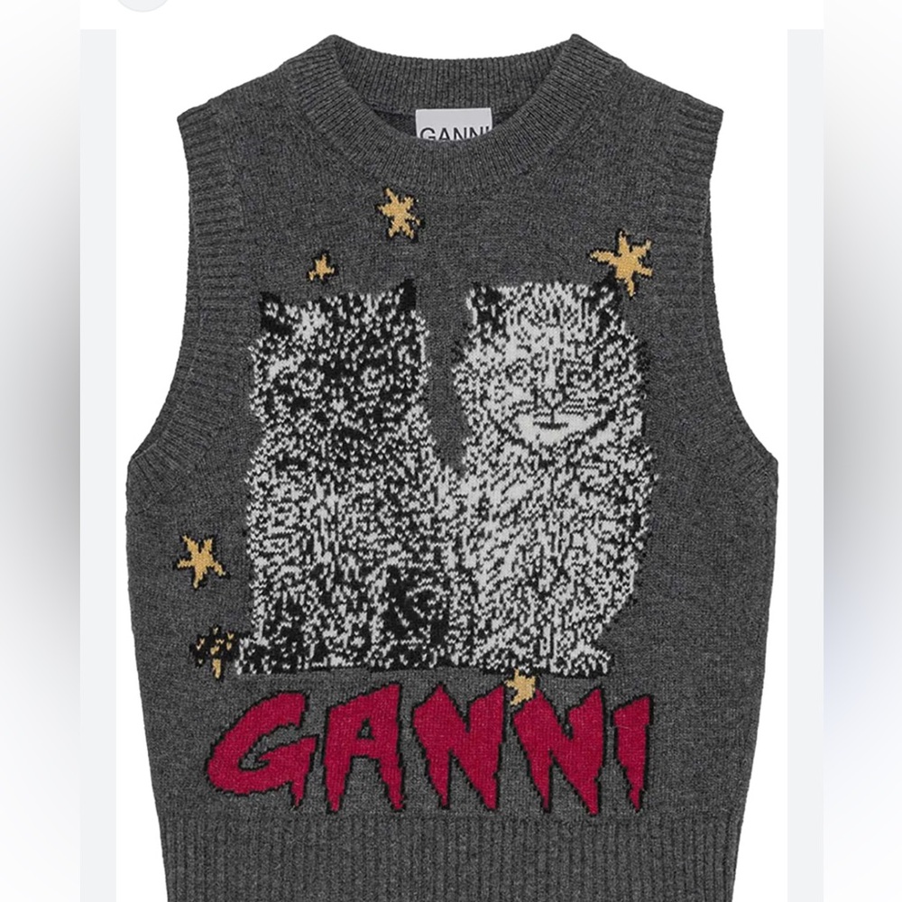 GANNI Graphic Wool Blend Cats Vest